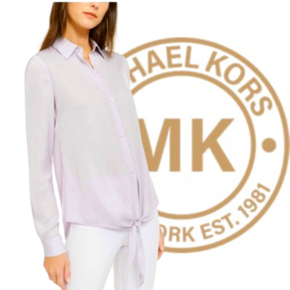 MICHAEL KORS Tie Front Satin Shirt in Lavender Mist, Size Large - Picture 4 of 11